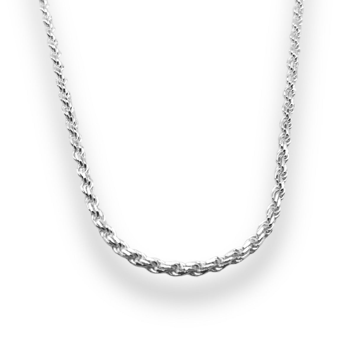 A sterling silver rope chain necklace with a 3mm width.