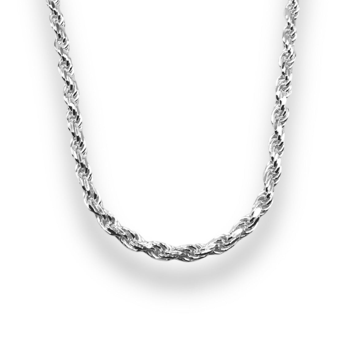 A sterling silver rope chain necklace with a 4mm width, displayed against a white background.