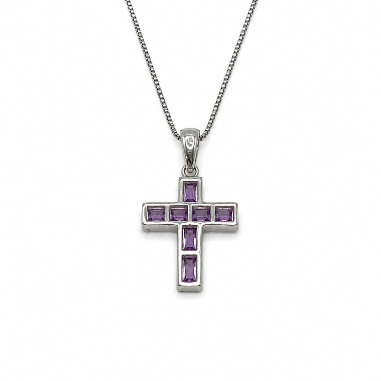 Amethyst Sterling Silver Emerald-Cut Cross Pendant Necklace With 18" Chain