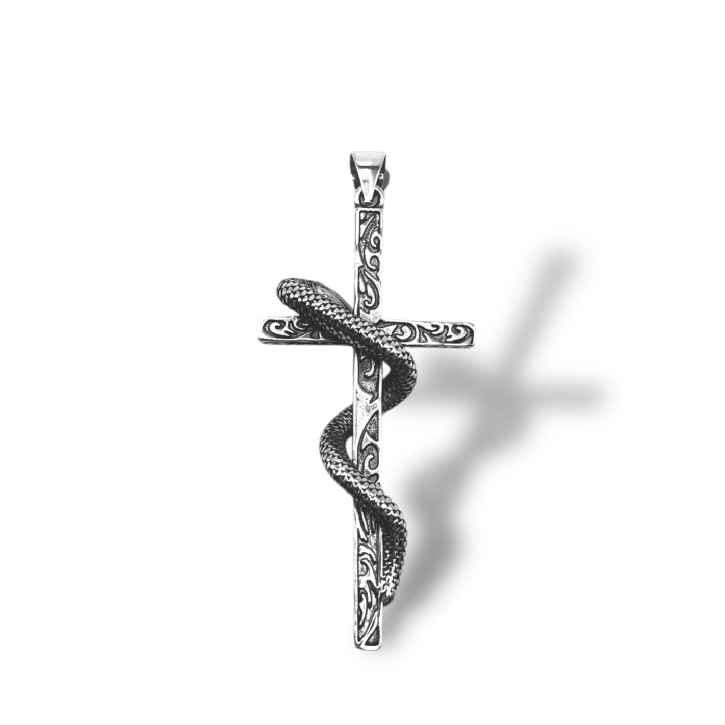 Sterling Silver Men's Oxidized Snake Carved Cross Pendant