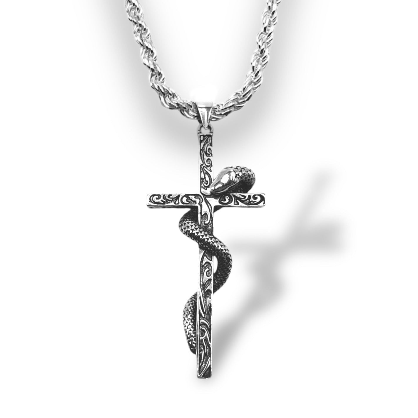 Sterling Silver Men's Oxidized Snake Carved Cross Pendant