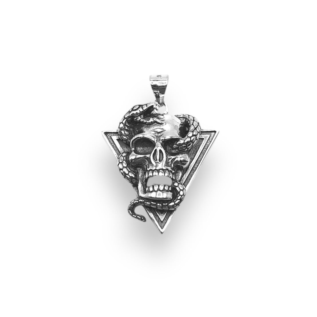 Sterling Silver Oxidized Snake Slithering Skull Triangle Pendant