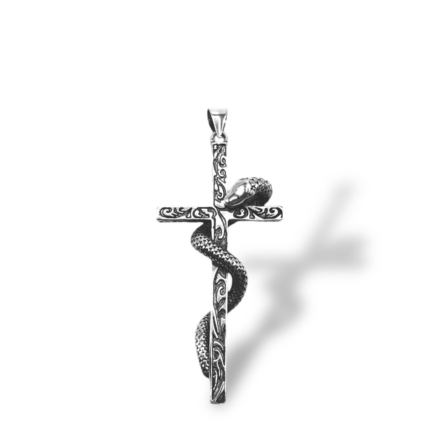 Sterling Silver Men's Oxidized Snake Carved Cross Pendant