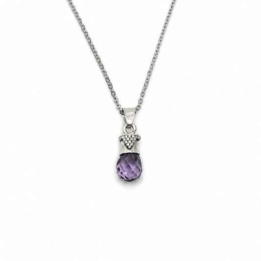 Amethyst Sterling Silver Raindrop Beaded Pendant Necklace With 18" Chain