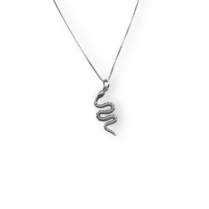 Sterling Silver Textured Oxidized Snake Pendant Necklace With 18" 0.6mm Box Chain