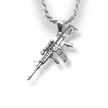 Sterling Silver Oxidized M4 Carbine Machine Gun Rifle Pendant With 22 Inch Chain