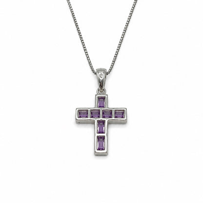 Amethyst Sterling Silver Emerald-Cut Cross Pendant Necklace With 18" Chain