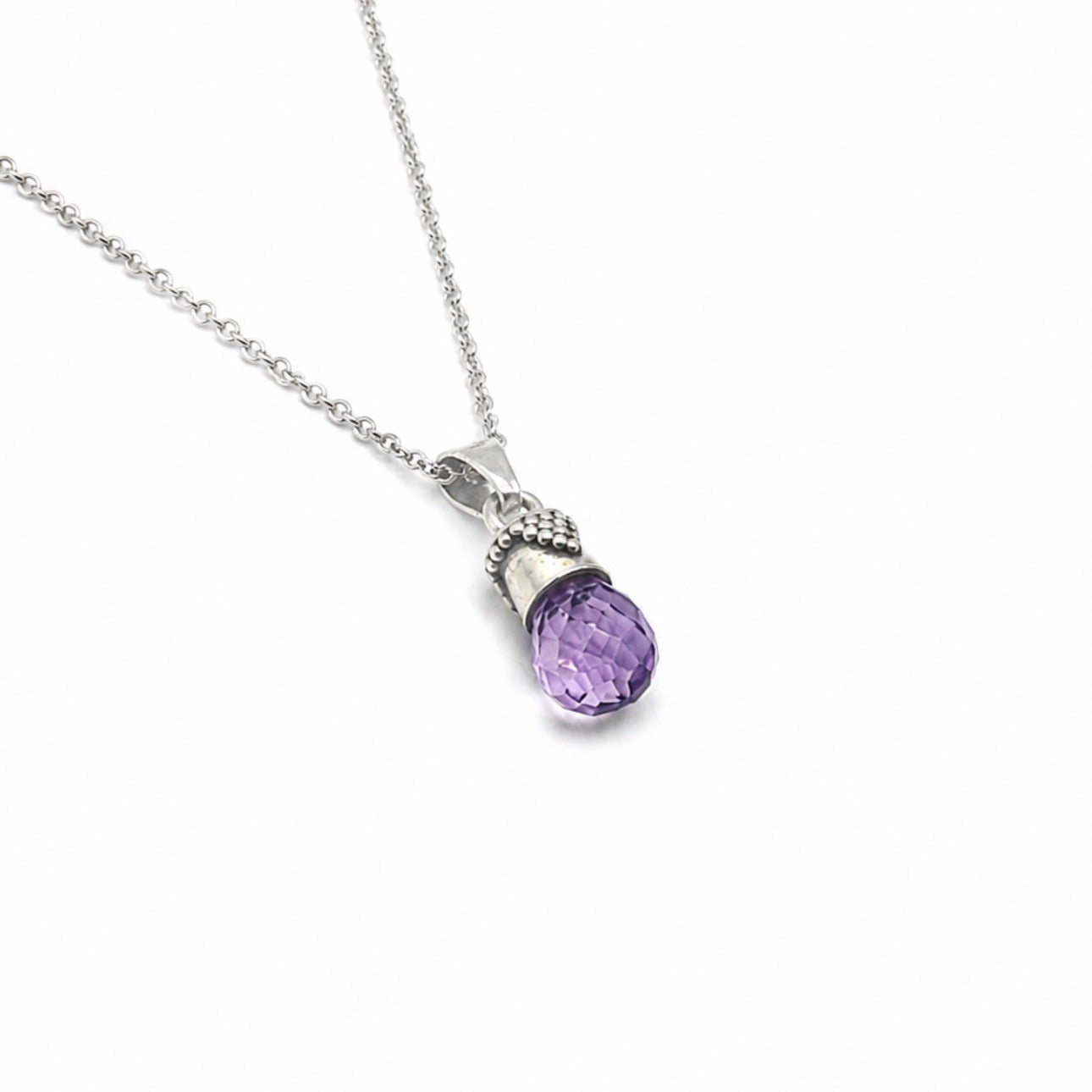 Amethyst Sterling Silver Raindrop Beaded Pendant Necklace With 18" Chain