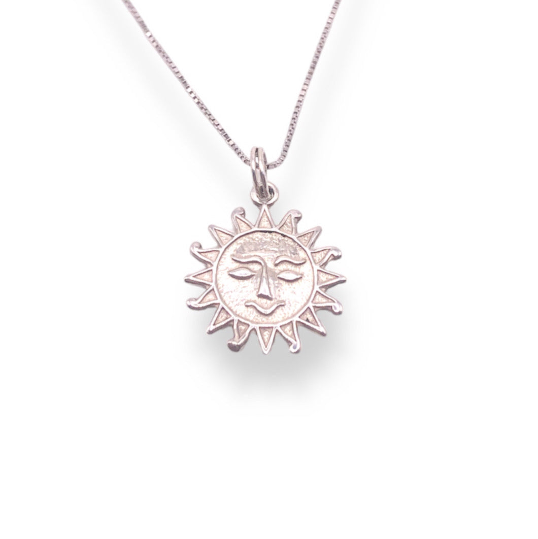 Sterling Silver Sun Face Pendant Necklace With 18" 0.6mm Box Chain