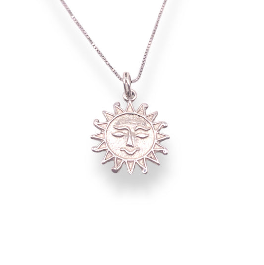 Sterling Silver Sun Face Pendant Necklace With 18" 0.6mm Box Chain