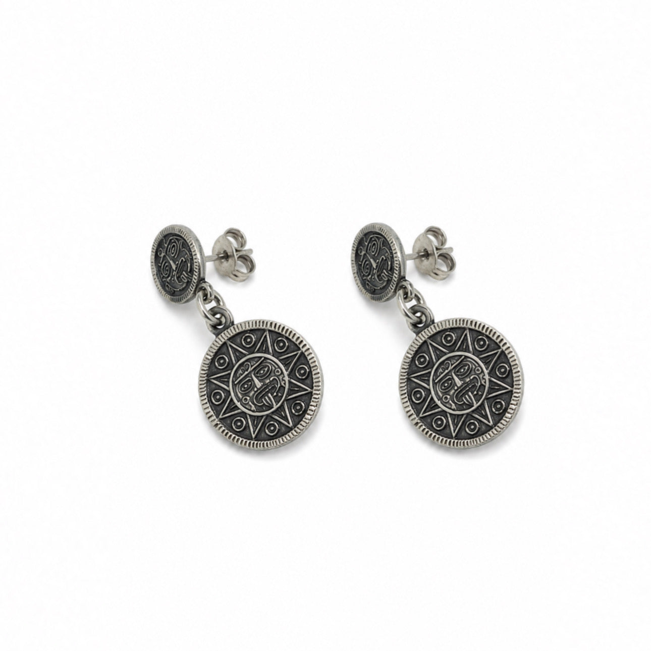 Sterling Silver Mexico Aztec Mayan Warrior Sun Dangle Post Earrings
