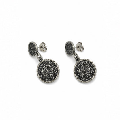 Sterling Silver Mexico Aztec Mayan Warrior Sun Dangle Post Earrings