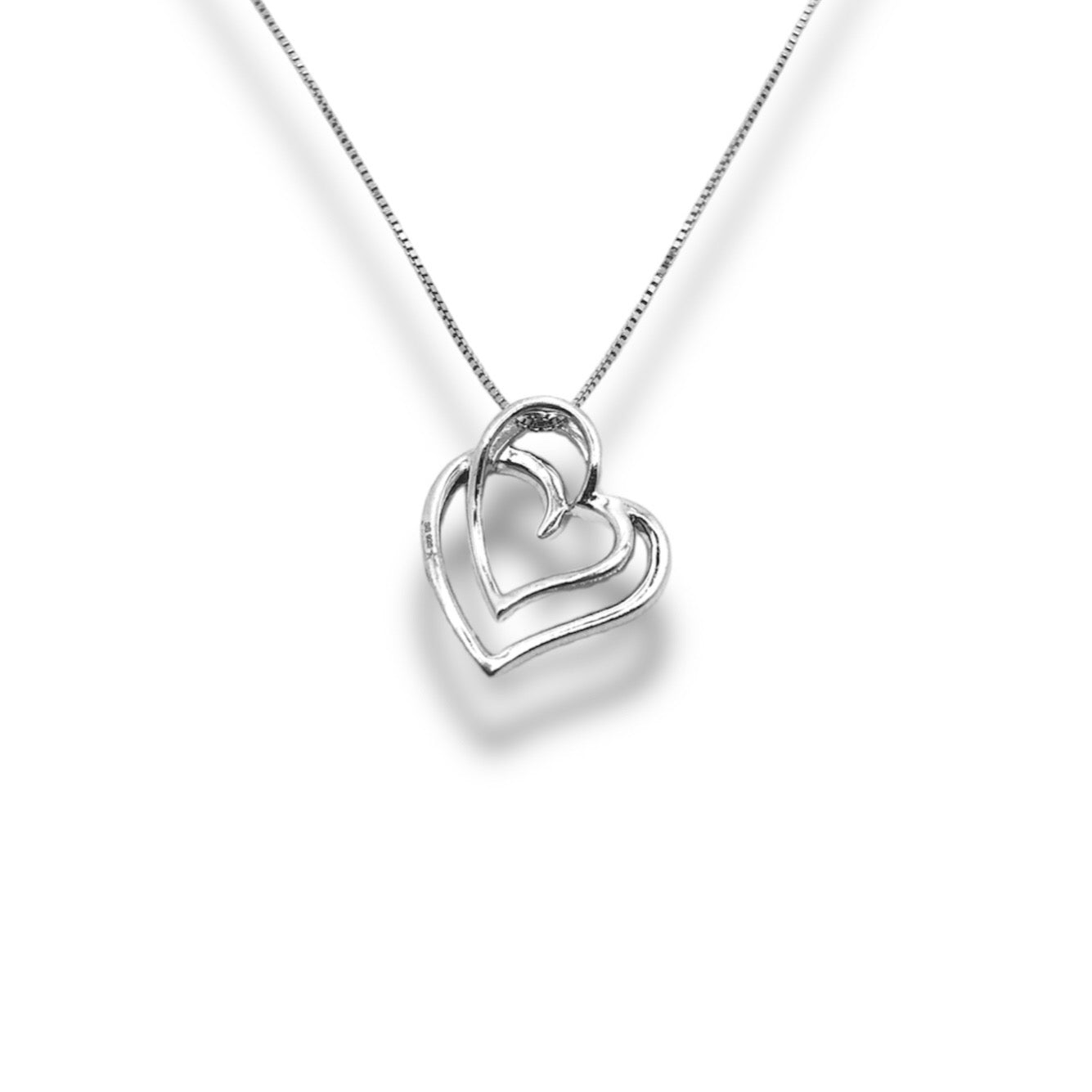 Diamond Accent Sterling Silver Double Heart Pendant Necklace With 18" 0.6mm Box Chain