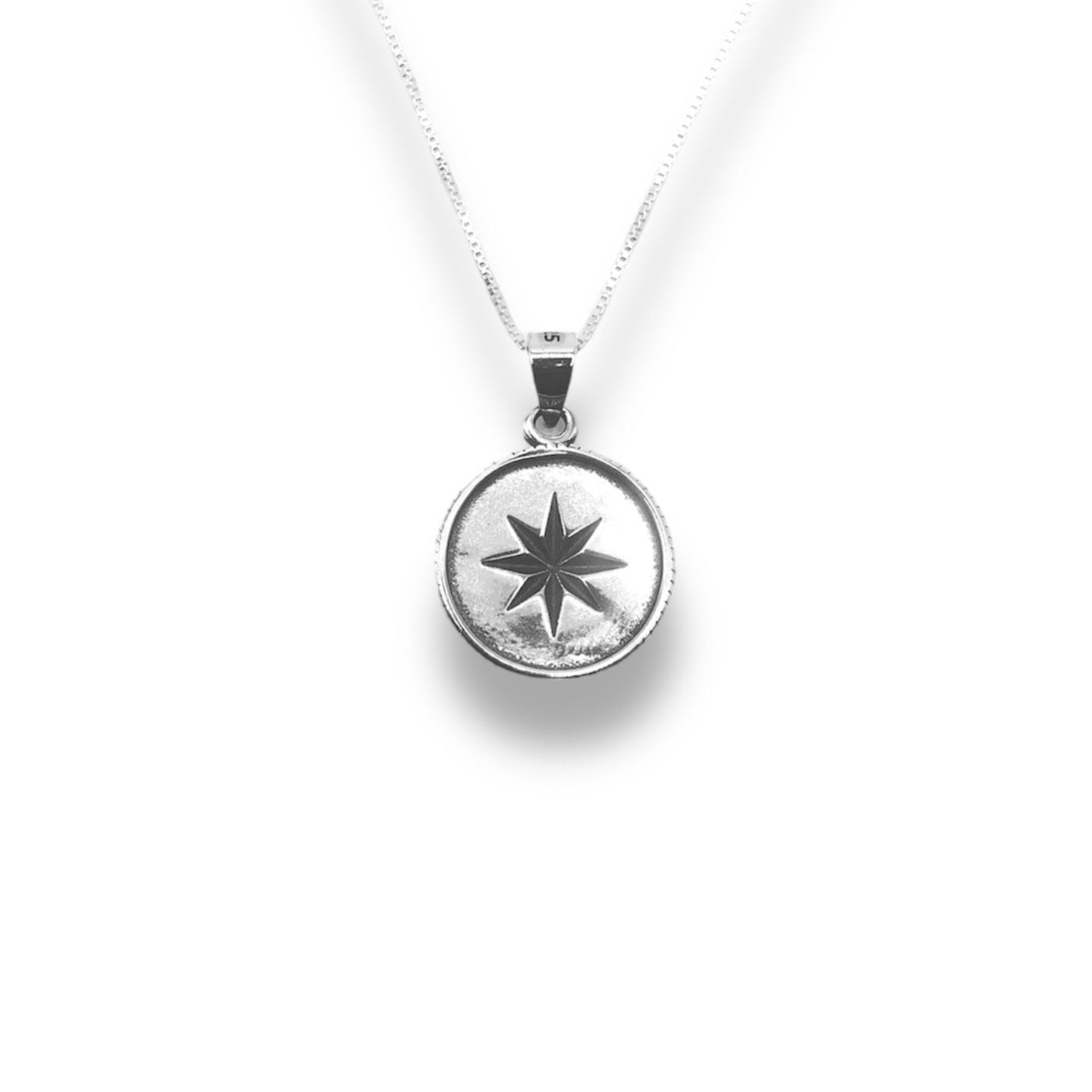 Sterling Silver Textured Oxidized Compass Pendant Necklace With 18" 0.6mm Box Chain