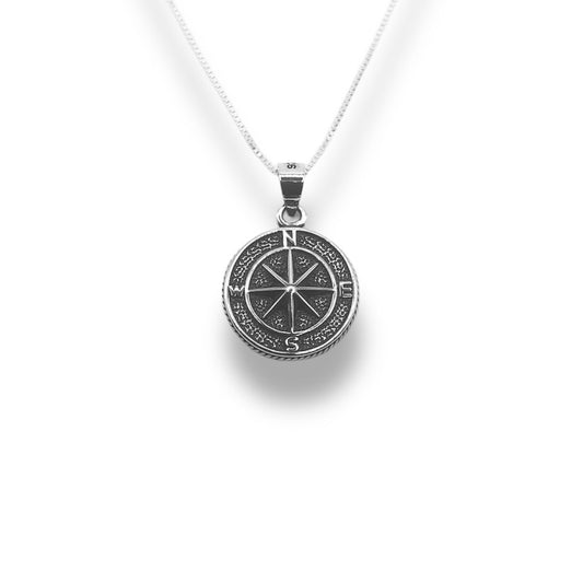 Sterling Silver Textured Oxidized Compass Pendant Necklace With 18" 0.6mm Box Chain