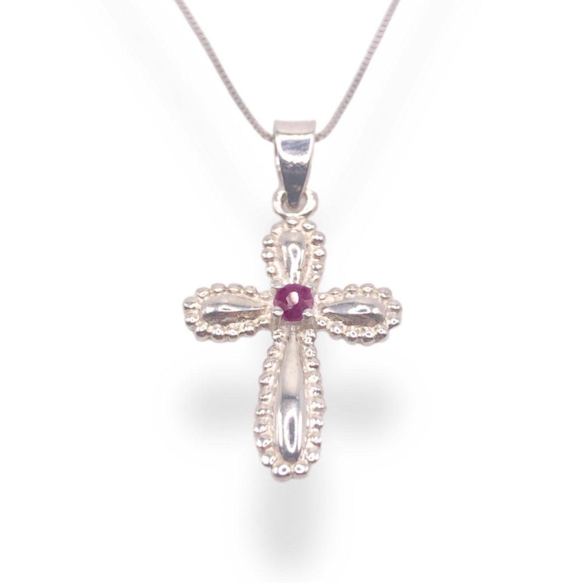 Genuine Ruby Sterling Silver Bubble Cross Pendant Necklace With 18" 0.6mm Box Chain