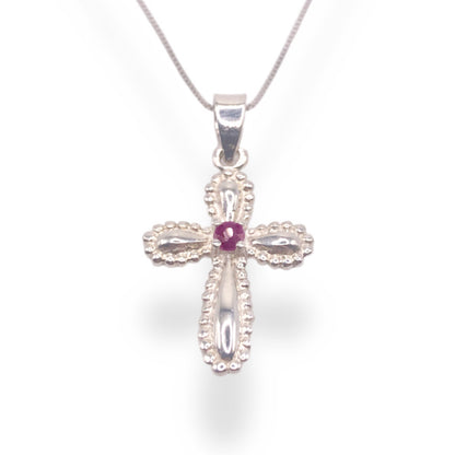 Genuine Ruby Sterling Silver Bubble Cross Pendant Necklace With 18" 0.6mm Box Chain