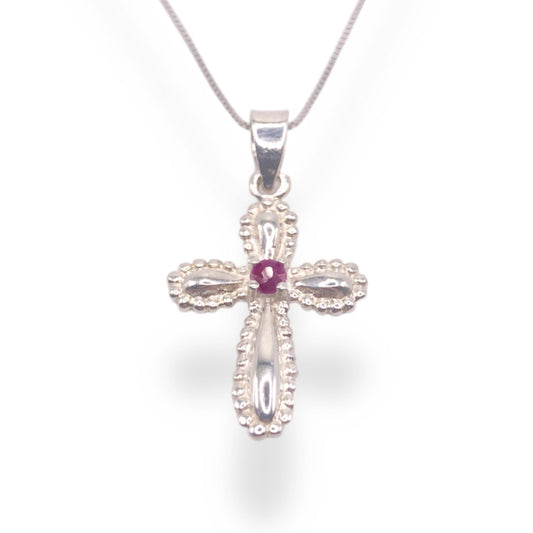 Genuine Ruby Sterling Silver Bubble Cross Pendant Necklace With 18" 0.6mm Box Chain