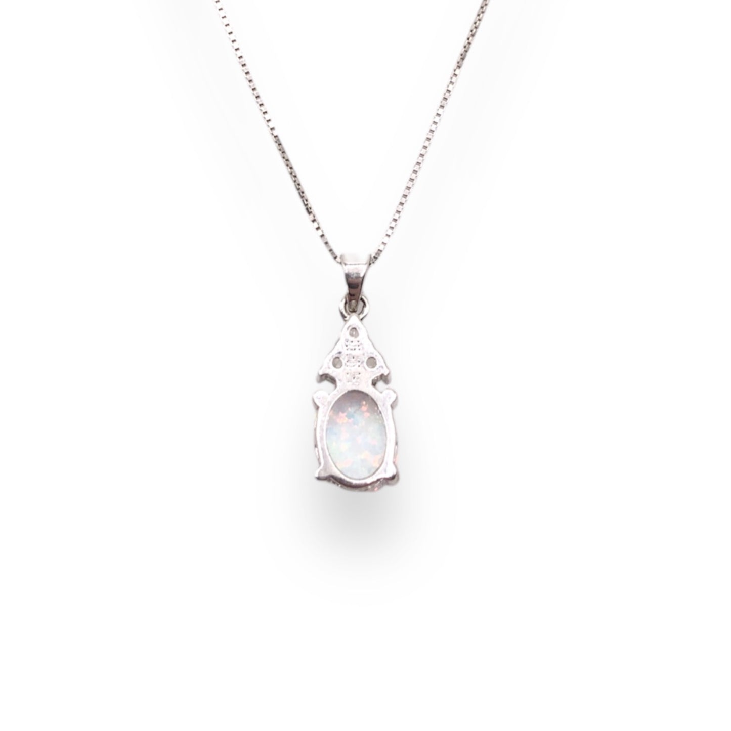 Opal & White Sapphire 3 Stone Pyramid Pendant Necklace With 18” 0.6mm Box Chain In Sterling Silver