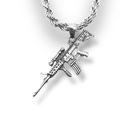 Sterling Silver Oxidized M4 Carbine Machine Gun Rifle Pendant With 22 Inch Chain