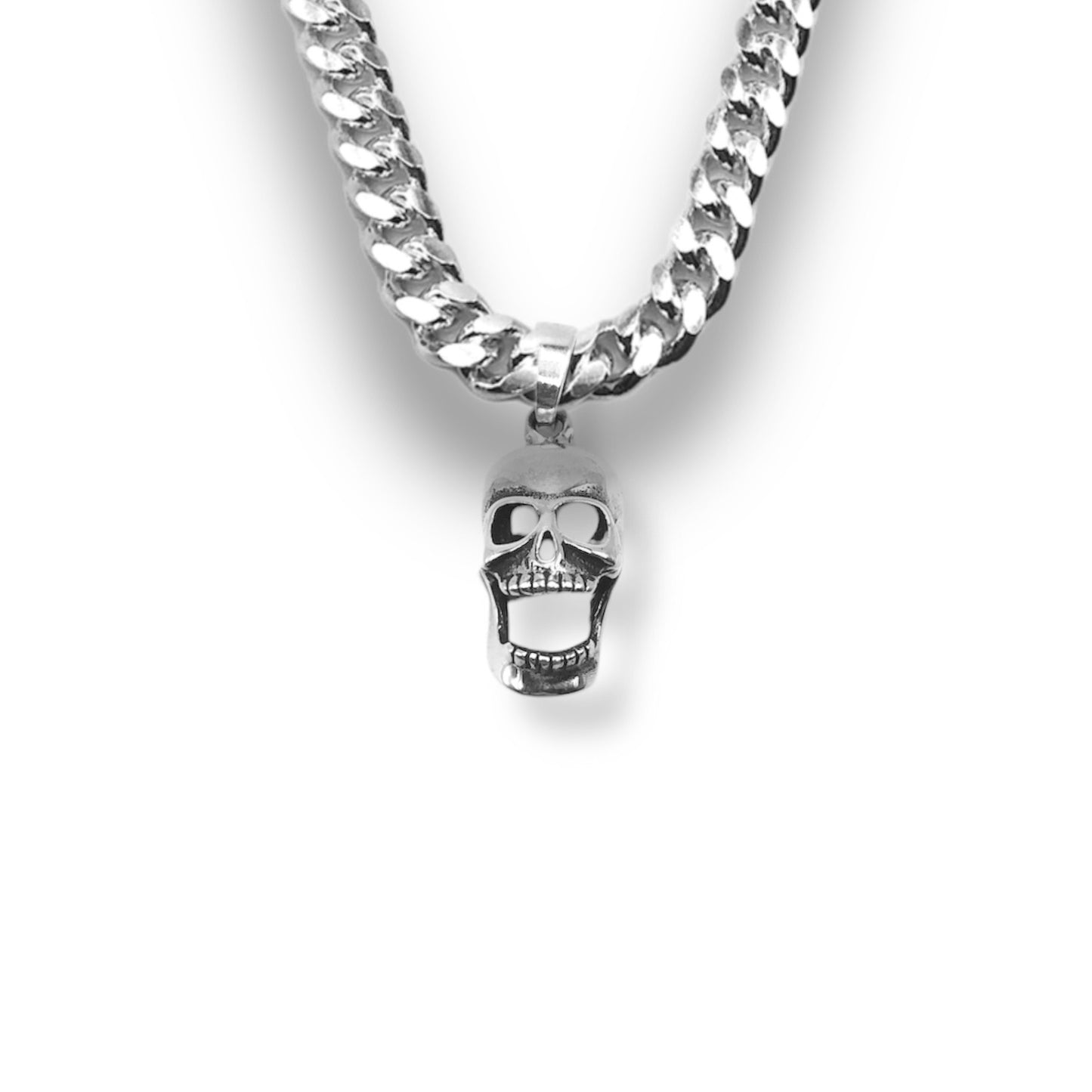 Sterling Silver 3D Moveable Jaw Skull Pendant With 22 Inch Chain