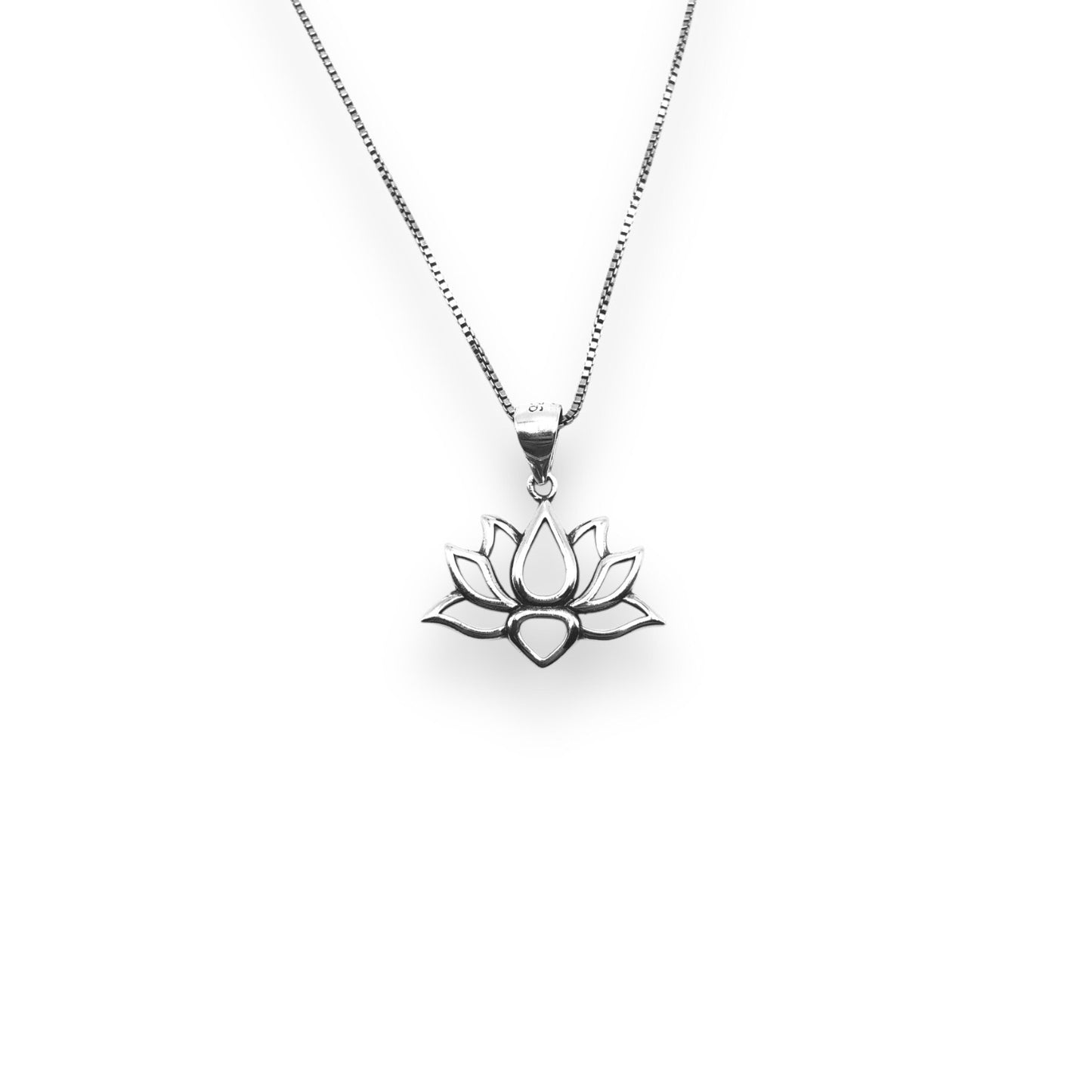 Sterling Silver Hollow Outline Lotus Flower Pendant Necklace With 18" 0.6mm Box Chain