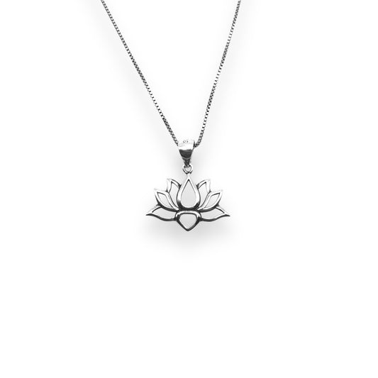 Sterling Silver Hollow Outline Lotus Flower Pendant Necklace With 18" 0.6mm Box Chain