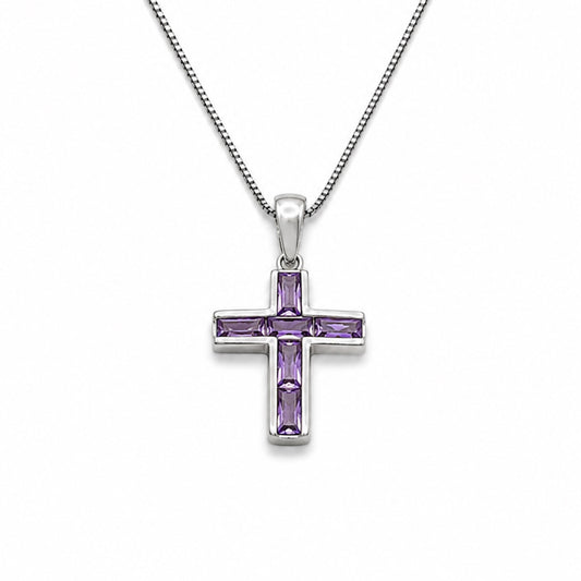 Amethyst Sterling Silver Emerald-Cut Cross Pendant Necklace With 18" Chain
