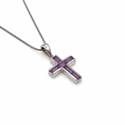 Amethyst Sterling Silver Emerald-Cut Cross Pendant Necklace With 18" Chain