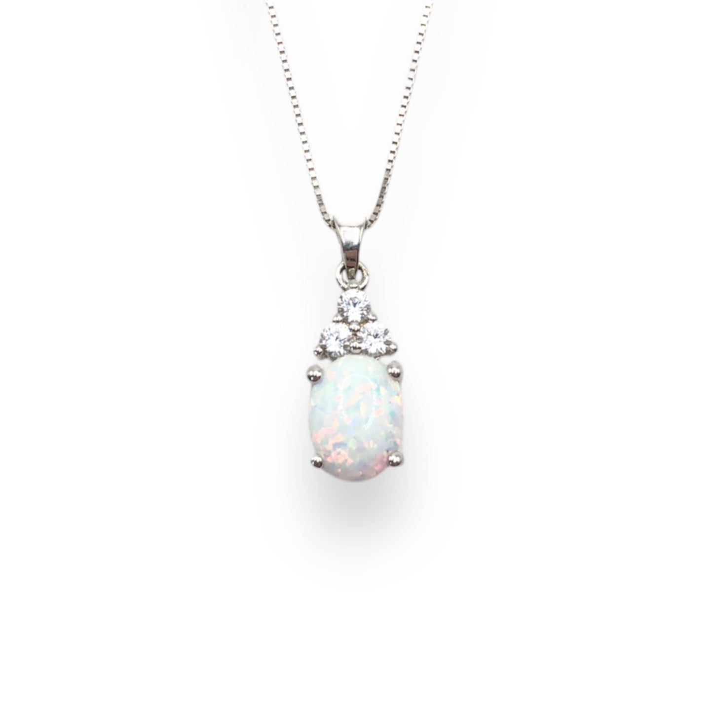 Opal & White Sapphire 3 Stone Pyramid Pendant Necklace With 18” 0.6mm Box Chain In Sterling Silver