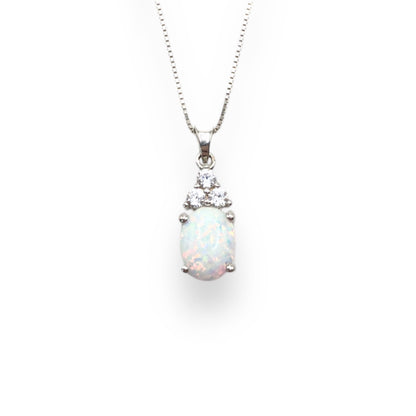 Opal & White Sapphire 3 Stone Pyramid Pendant Necklace With 18” 0.6mm Box Chain In Sterling Silver