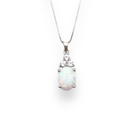 Opal & White Sapphire 3 Stone Pyramid Pendant Necklace With 18” 0.6mm Box Chain In Sterling Silver