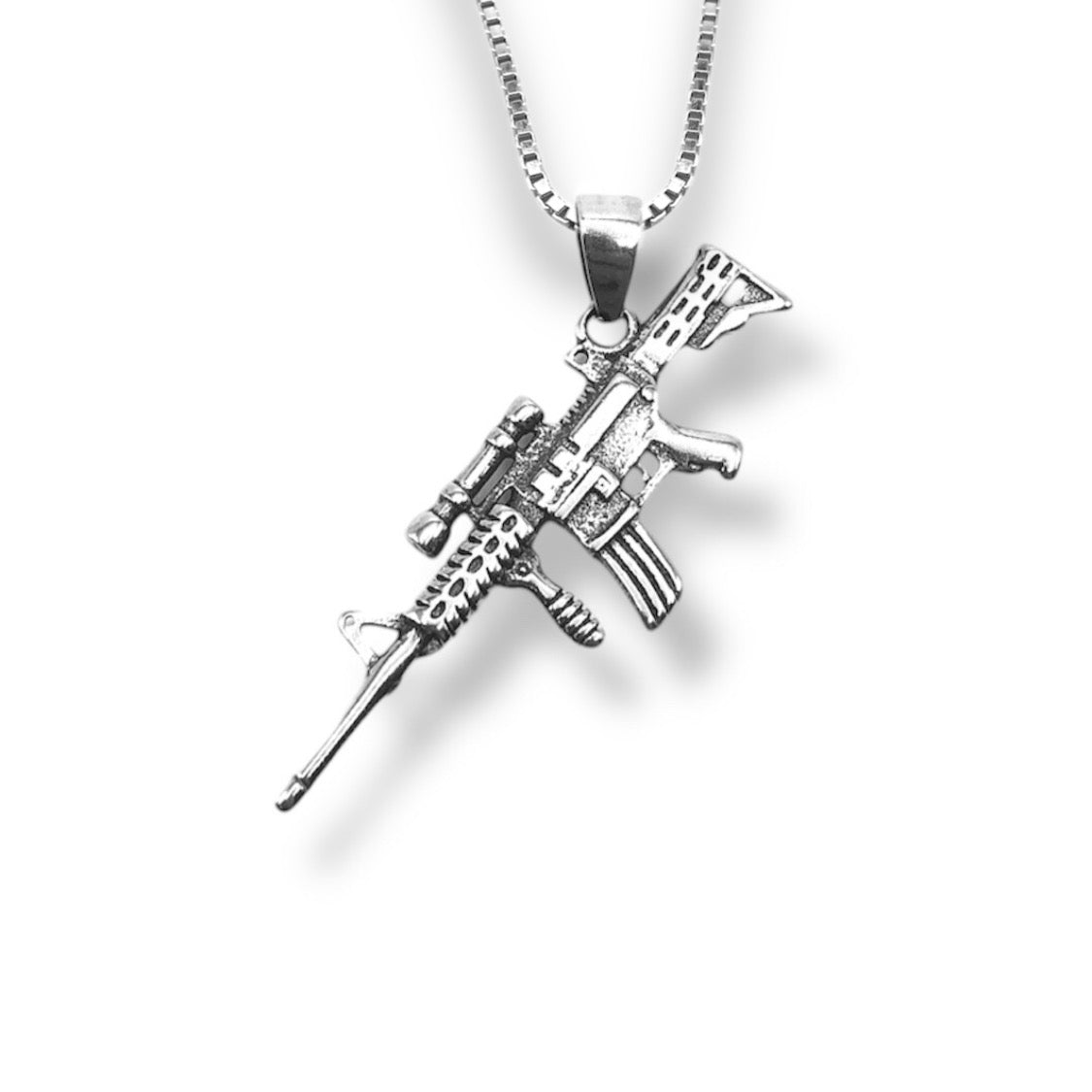 Sterling Silver Oxidized M4 Carbine Machine Gun Rifle Pendant With 22 Inch Chain