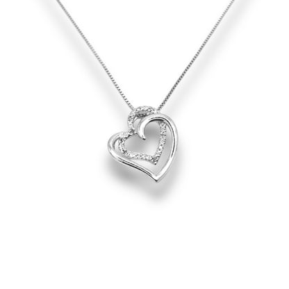 Diamond Accent Sterling Silver Double Heart Pendant Necklace With 18" 0.6mm Box Chain