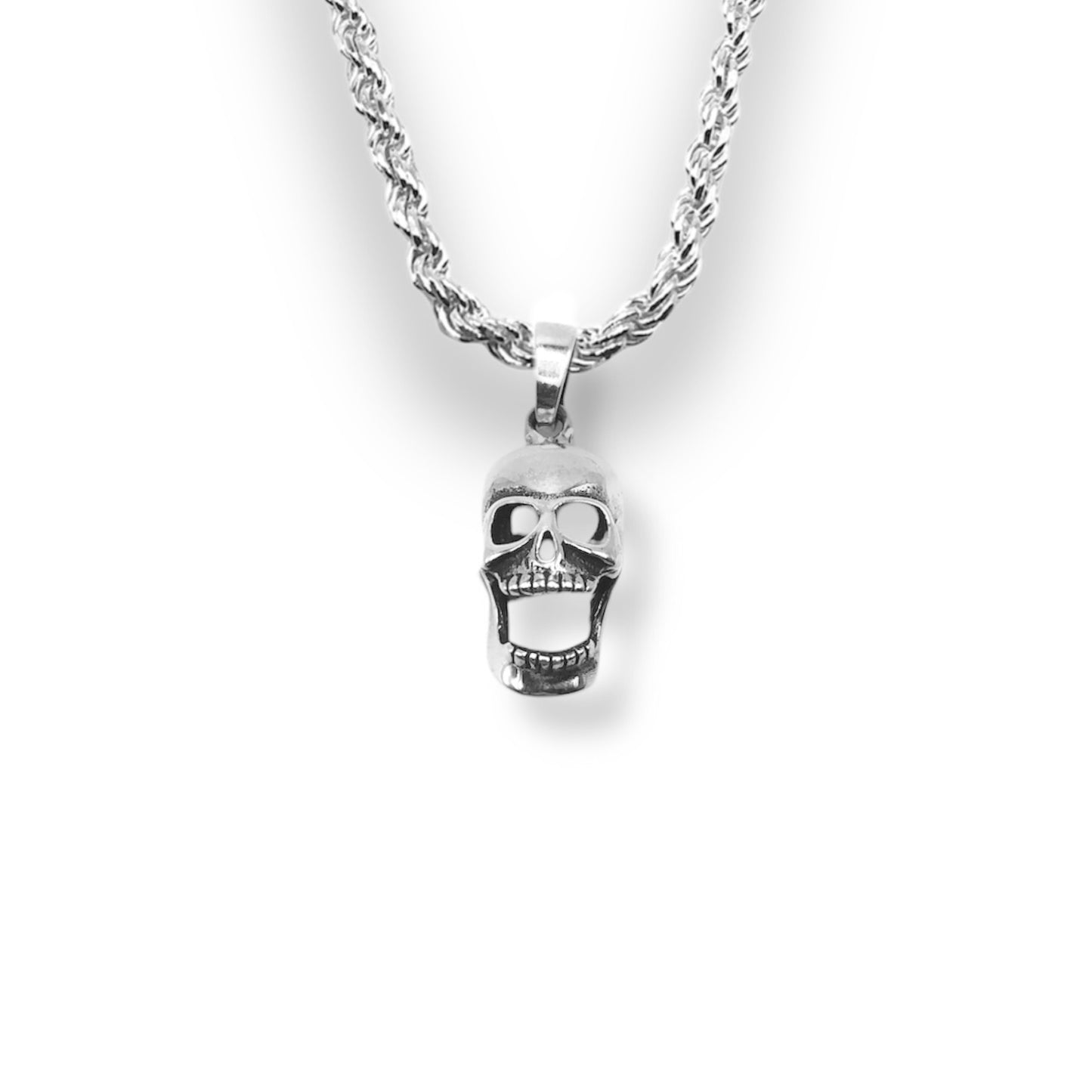 Sterling Silver 3D Moveable Jaw Skull Pendant With 22 Inch Chain