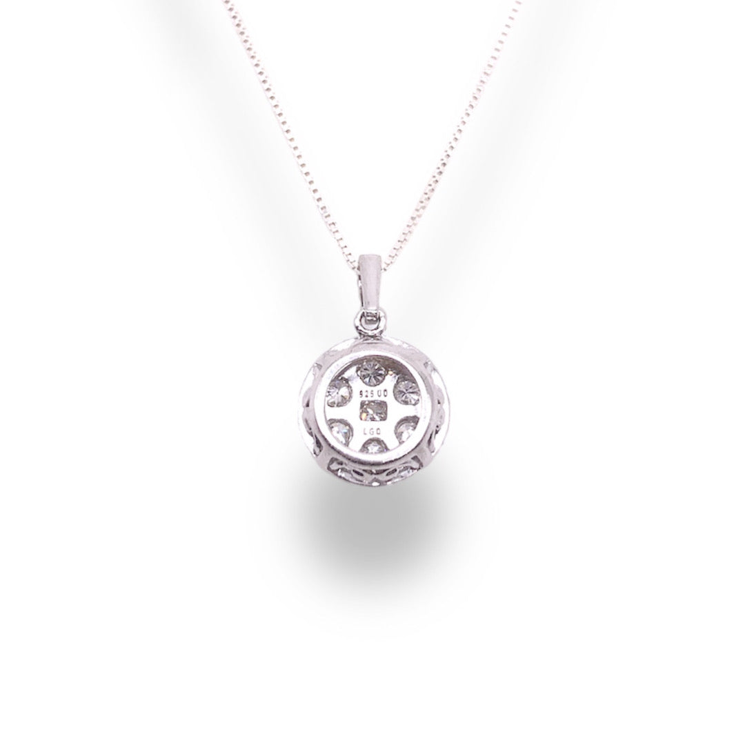 1/4 Ct Diamond Round Cluster Halo Pendant Necklace In Sterling Silver With 18" 0.6mm Box Chain