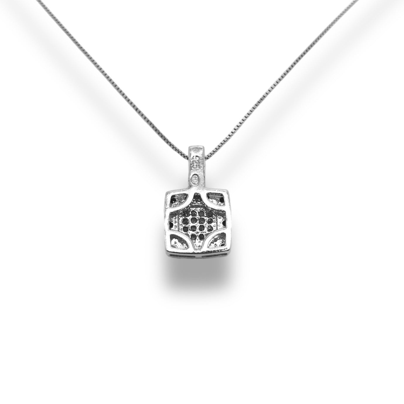 1/10 Ct Diamond Sterling Silver Black Tone Square Pendant Necklace With 18" 0.6mm Box Chain