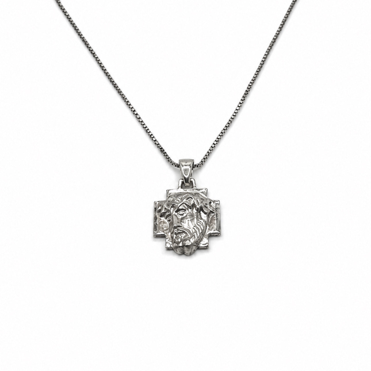 Sterling Silver Jesus Face Cross Pendant Necklace With 18" Chain