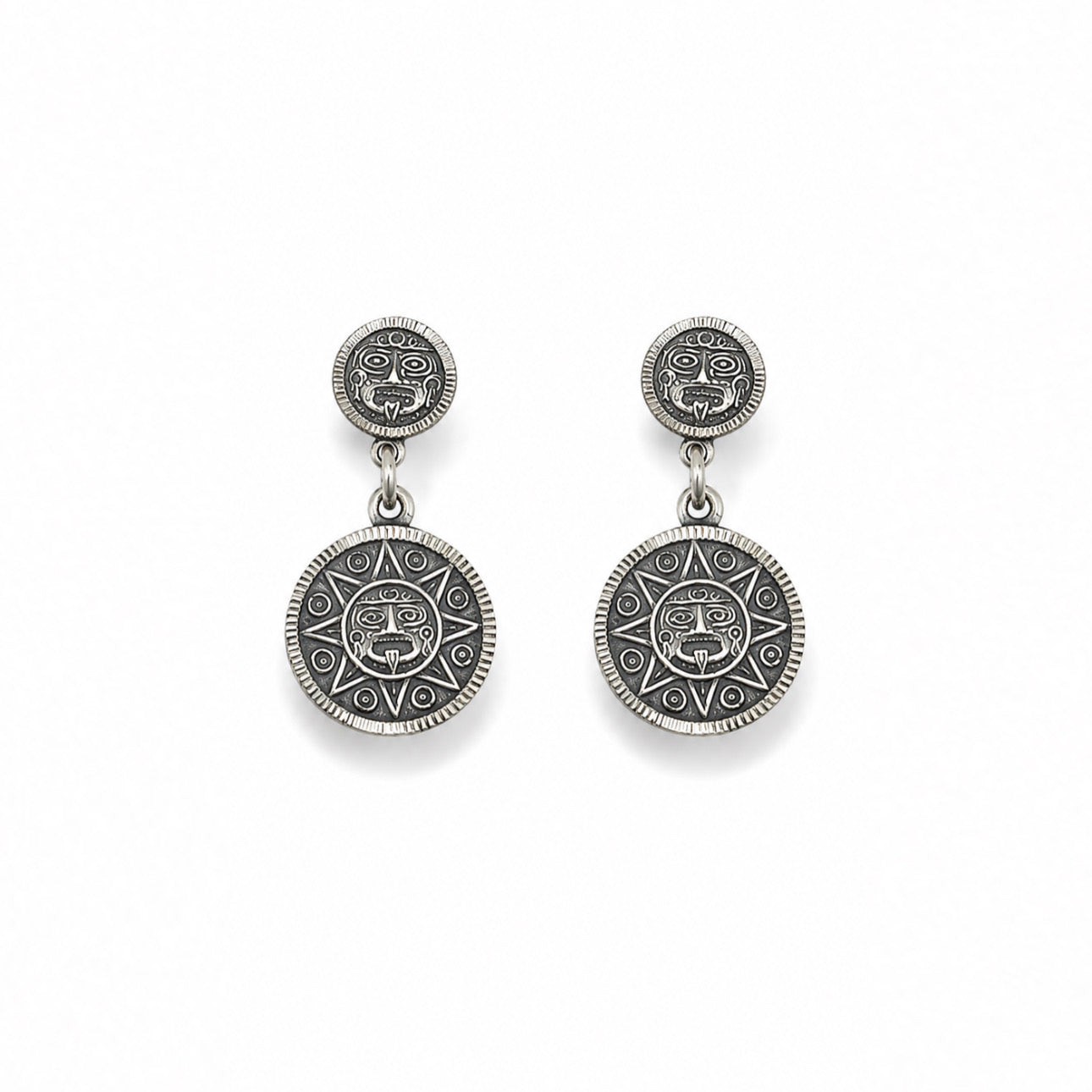 Sterling Silver Mexico Aztec Mayan Warrior Sun Dangle Post Earrings