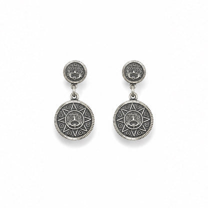 Sterling Silver Mexico Aztec Mayan Warrior Sun Dangle Post Earrings