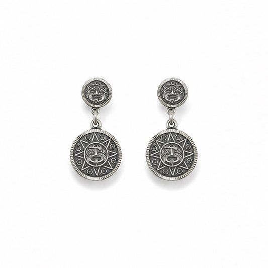 Sterling Silver Mexico Aztec Mayan Warrior Sun Dangle Post Earrings