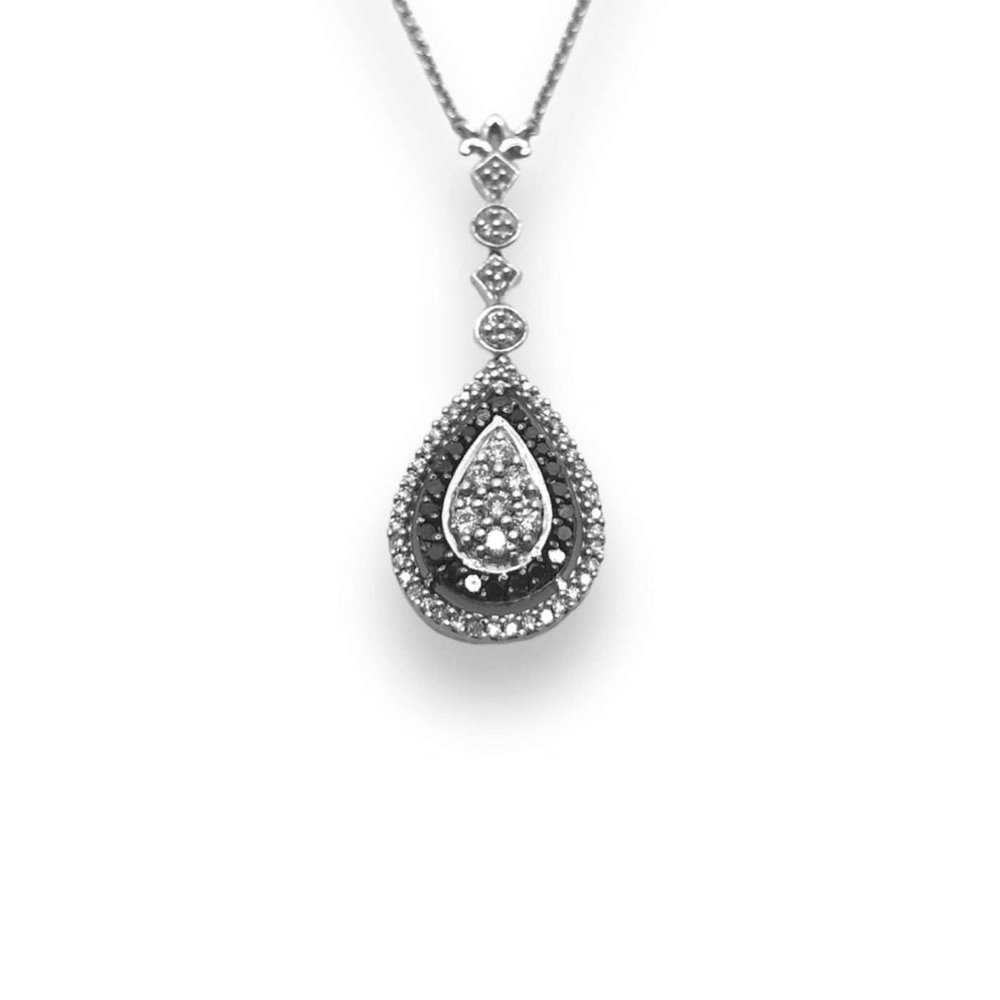 1/2 Ct White & Black Diamond Oxidized Pear Shaped Dangle Pendant Necklace In Sterling Silver