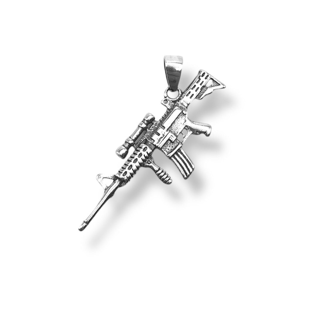 Sterling Silver Oxidized M4 Carbine Machine Gun Rifle Pendant With 22 Inch Chain