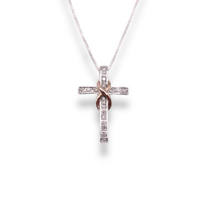 1/10 Ct Diamond Infinity Crossover Cross Pendant Necklace In Sterling Silver & 10K Rose Gold With 18" 0.6mm Box Chain