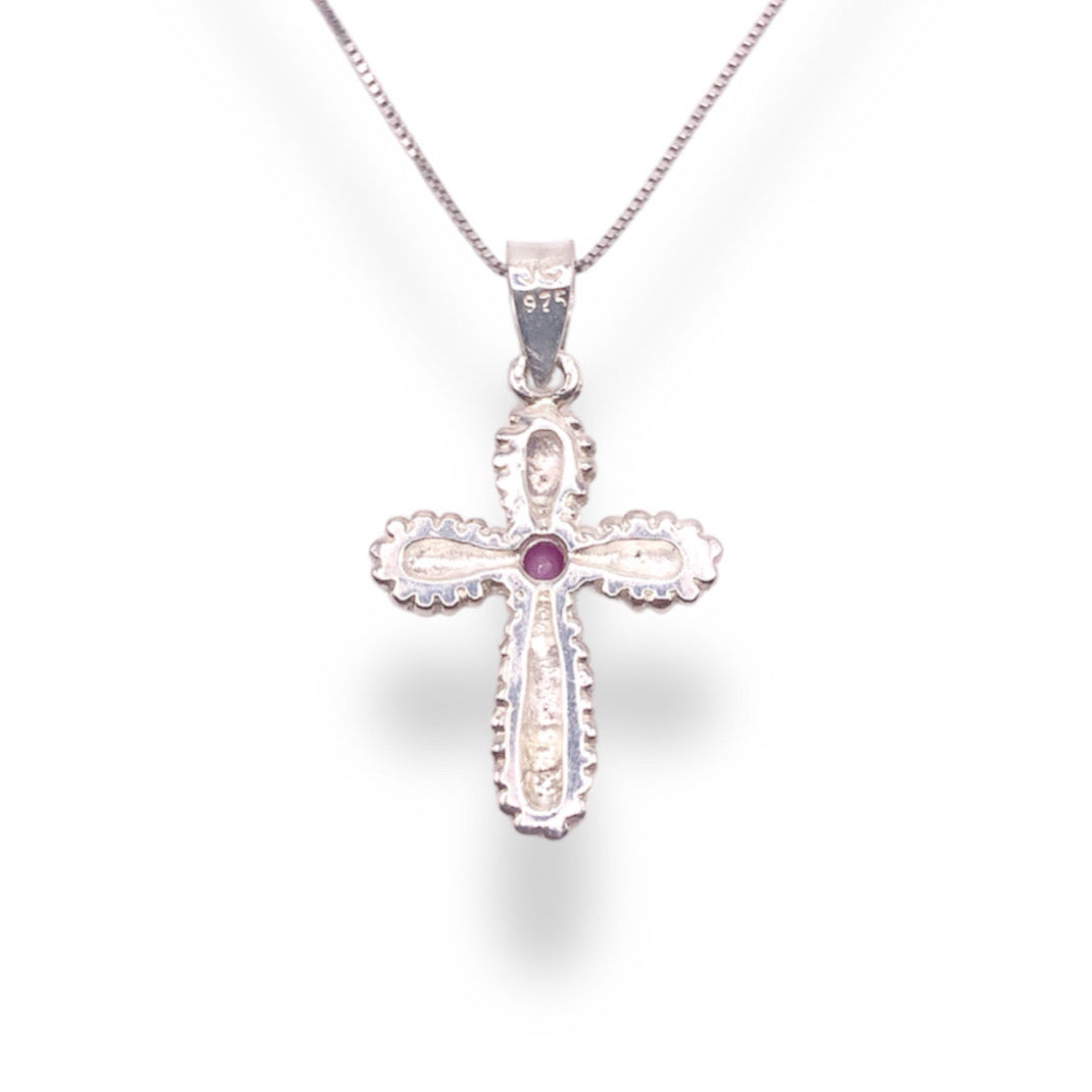 Genuine Ruby Sterling Silver Bubble Cross Pendant Necklace With 18" 0.6mm Box Chain