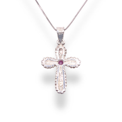 Genuine Ruby Sterling Silver Bubble Cross Pendant Necklace With 18" 0.6mm Box Chain