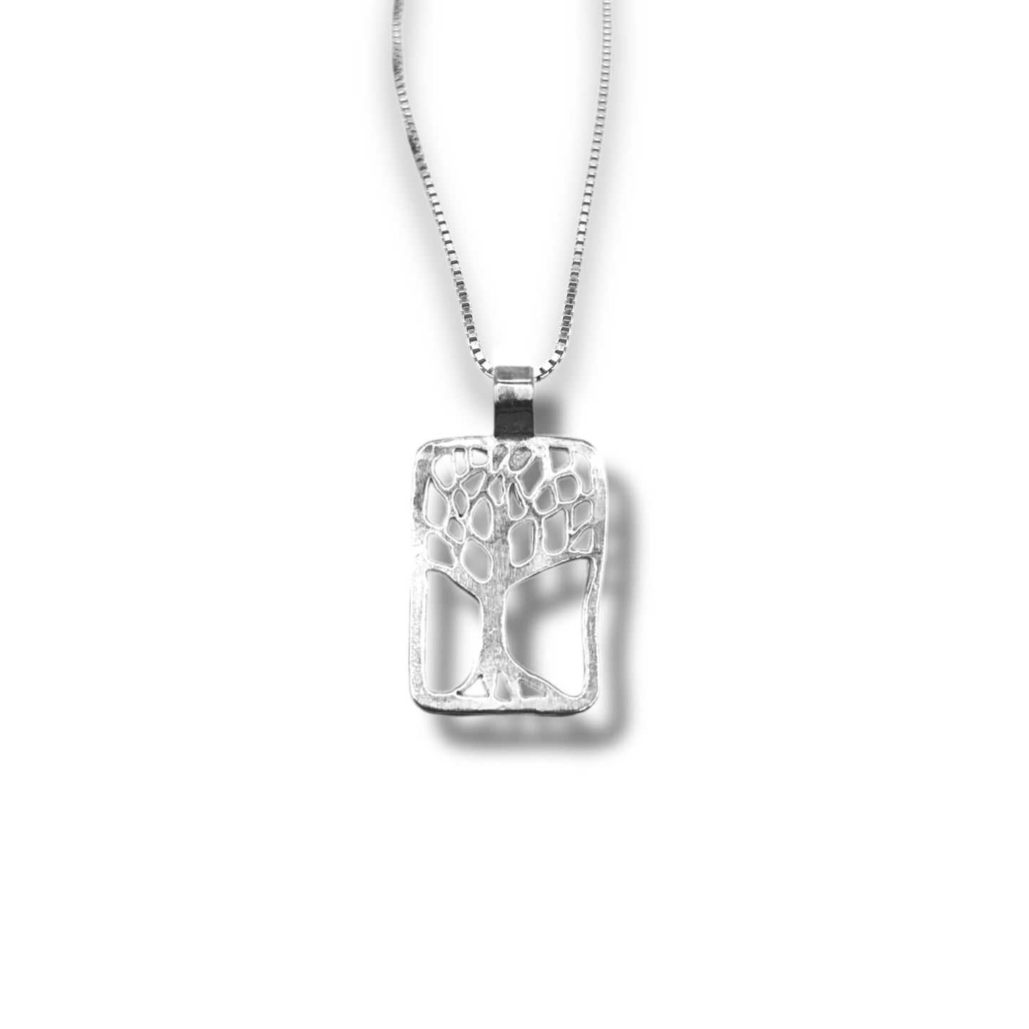 Sterling Silver Women's Tree Rectangular Pendant Necklace With 18" 0.6mm Box Chain