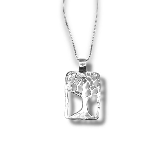 Sterling Silver Women's Tree Rectangular Pendant Necklace With 18" 0.6mm Box Chain