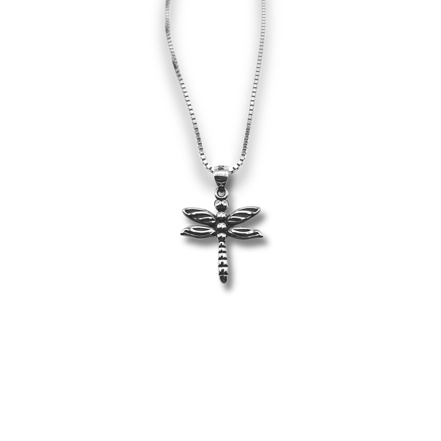 Sterling Silver Dragonfly Oxidized Pendant Necklace With 18" 0.6mm Box Chain