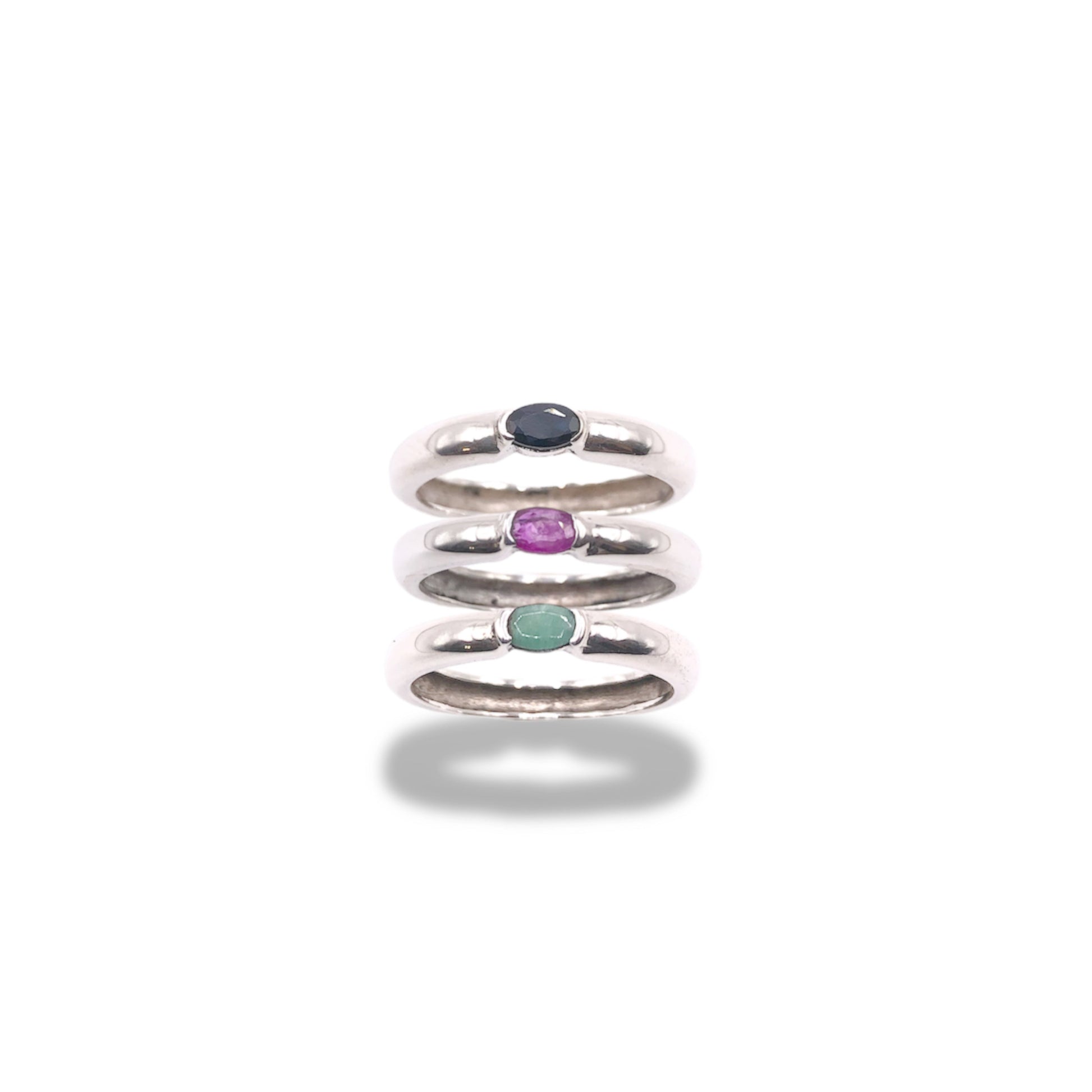 Sapphire / Ruby / Emerald Sterling Silver Half Bezel Stackable Rings Refined Jewelry